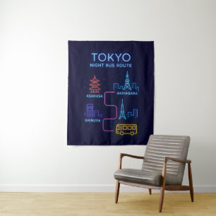 Tokyo Night Bus Route Neon Design – Japan Travel Tapestry