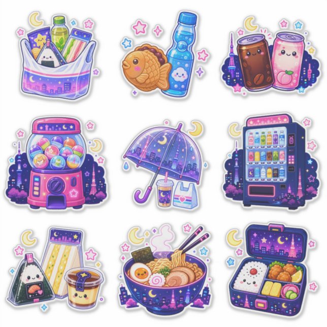 Tokyo Night Snacks Kawaii Vinyl Sticker Set (Front)
