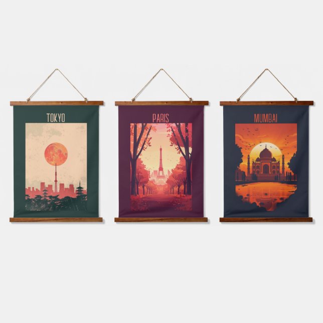 Tokyo, Paris. Mumbai Hanging Tapestry (Triple)