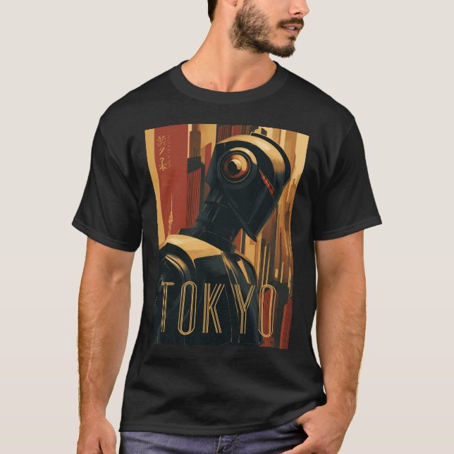 Tokyo Retro Art Deco Poster with Futuristic Robot T-Shirt (Front)