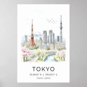 Tokyo Skyline Art Print, Watercolor Cityscape Poster