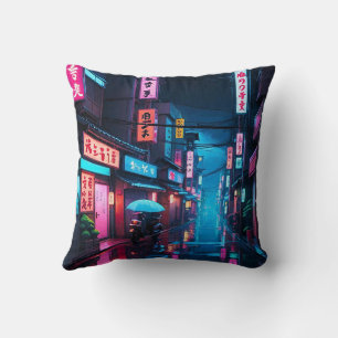Tokyo Street At Night LoFi Art Cushion