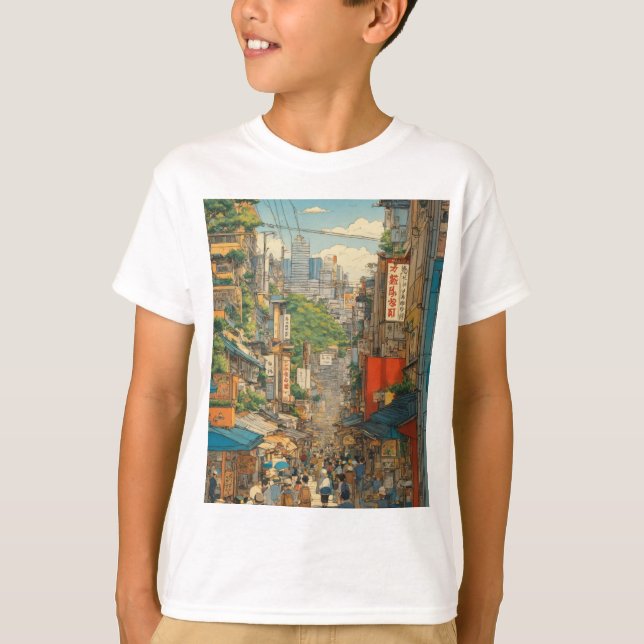 "Tokyo Street Scene: A Herge-Inspired, Tin-Tin Sty T-Shirt (Front)