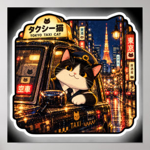 Tokyo Taxi Cat Rainy Japanese Neon Street Art Poster