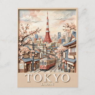 Tokyo Tower Japan Cityscape Sakura Vintage Travel Postcard