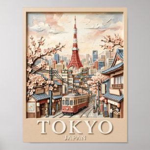 Tokyo Tower Japan Cityscape Sakura Vintage Travel Poster