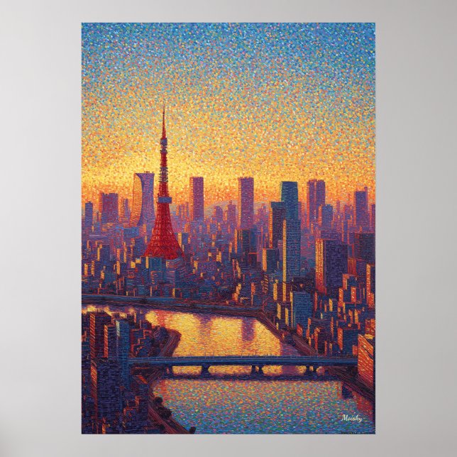 Tokyo Tower Pointillism Skyline Sunset Art Poster (Front)