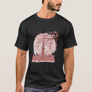 Tokyo Tower with Skyline and Cherry Blossoms Desig T-Shirt