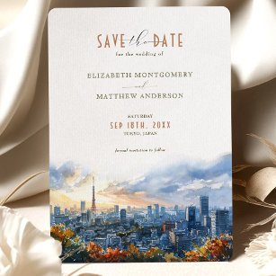 Tokyo Watercolor Skyline Save-the-Date Invitation
