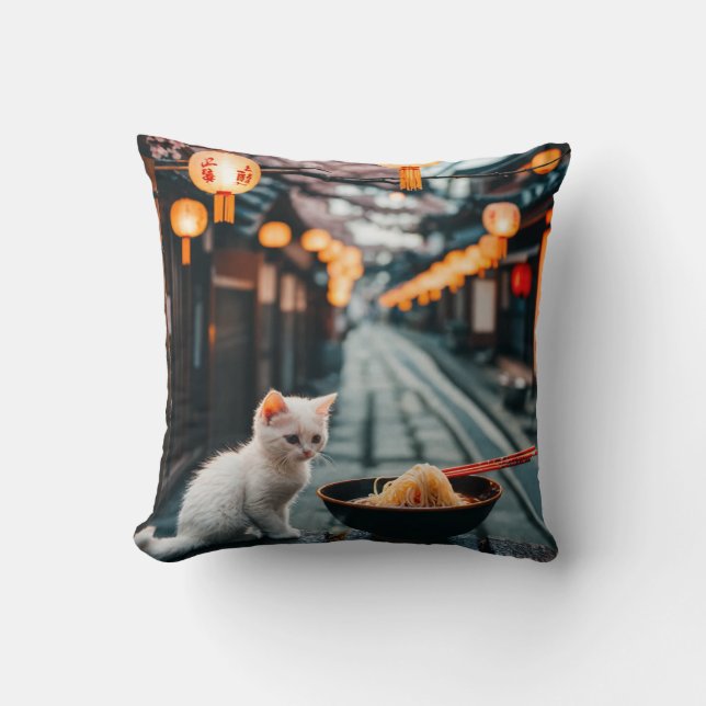Tokyo's Noodle Delight: A Feline Feast at Dusk Cushion (Front)