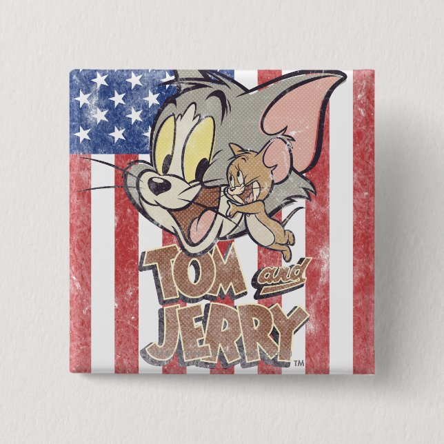 Tom & Jerry With US Flag 15 Cm Square Badge (Front)