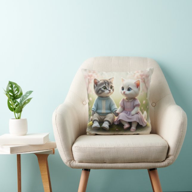 Tom & Luna Cat Pillow Cover, Cute Cat Cushion (Chair)