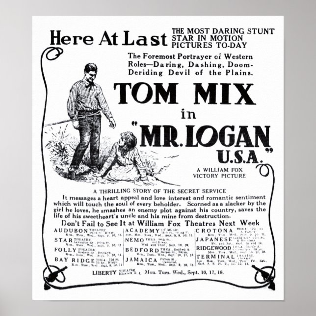 Tom Mix 1918 vintage movie ad poster (Front)