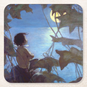 Tom Watching the Moon, Jessie Willcox Smith Square Paper Coaster