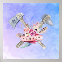 Tomahawk Hammer and Flowers Watercolor Design