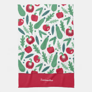 Tomato and Cucumber Vegetable Pattern w Name Red Tea Towel