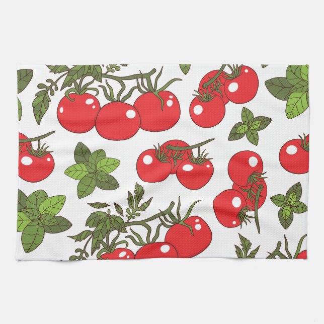 Tomato Basil Seamless Kitchen Pattern Tea Towel (Horizontal)