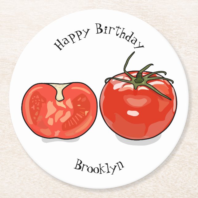 Tomato cartoon illustration round paper coaster (Front)