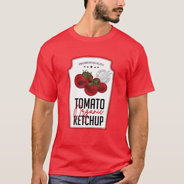 Tomato Ketchup Sauce Bottle Label Funny Halloween T-Shirt (Front)