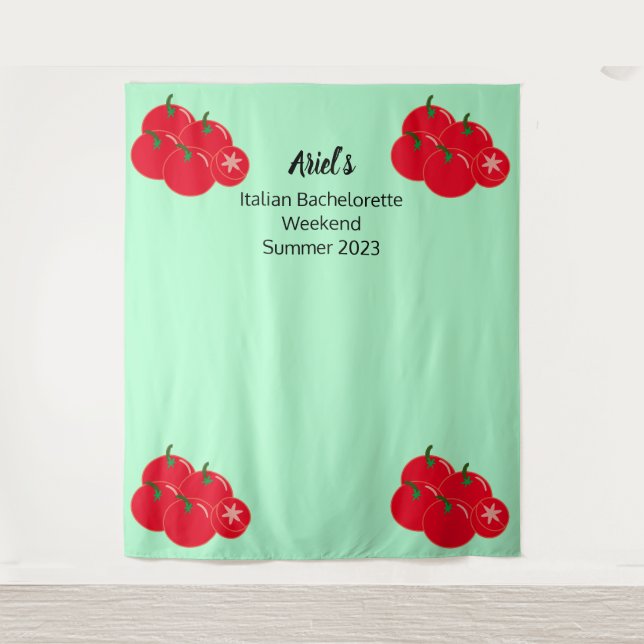 Tomato & Mint Summer Bachelorette Wedding Backdrop Tapestry (Front)