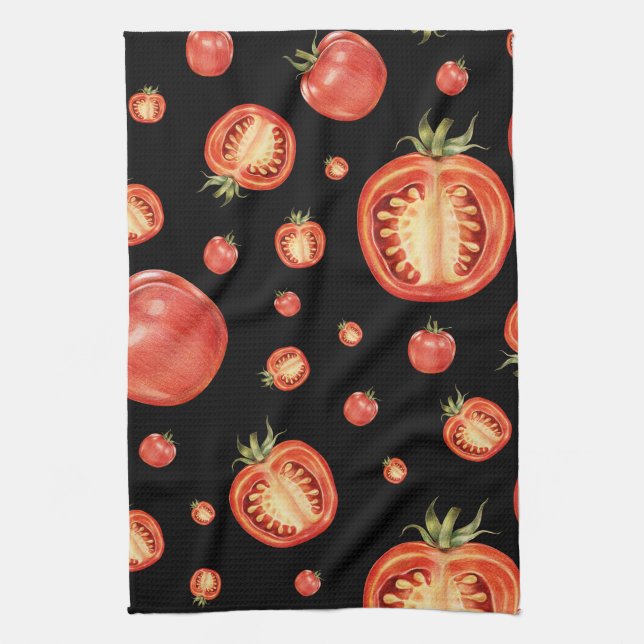 Tomato Pattern | Black & Red Tea Towel (Vertical)