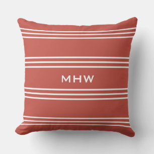Tomato Red Stripes custom monogram throw pillows