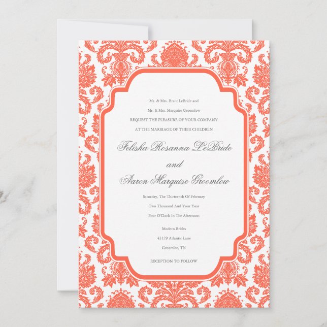 Tomato Red Weddings Designer Damask Template (Front)