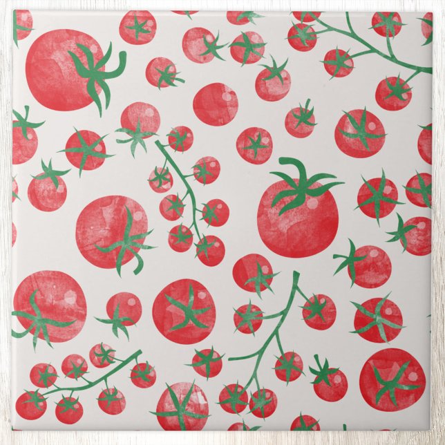 Tomato Watercolor Pattern Tile (Fun Mediterranean summer watercolor tomato pattern ceramic tile)