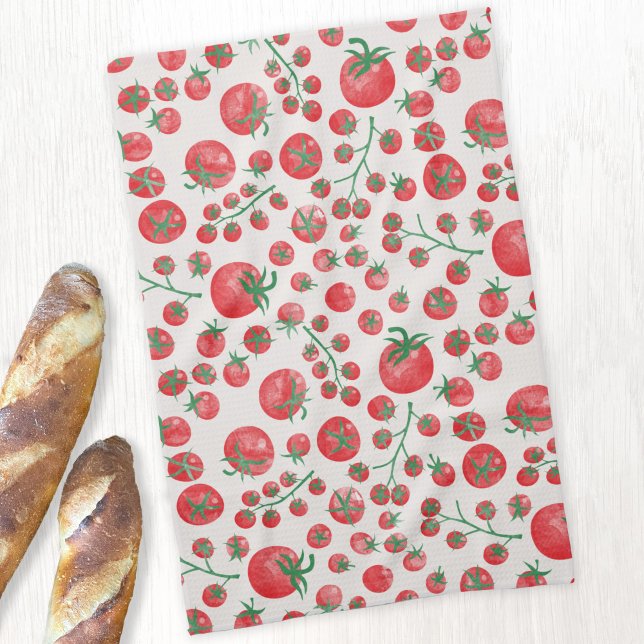Tomato Watercolor Tea Towel (Fresh Mediterranean summer watercolor tomato pattern kitchen towel)
