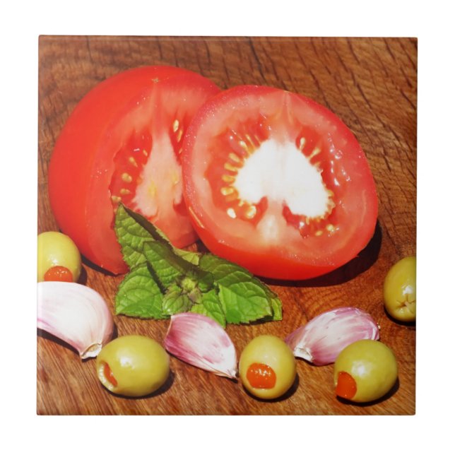 tomato with stuffed olives and garlic tile (Front)
