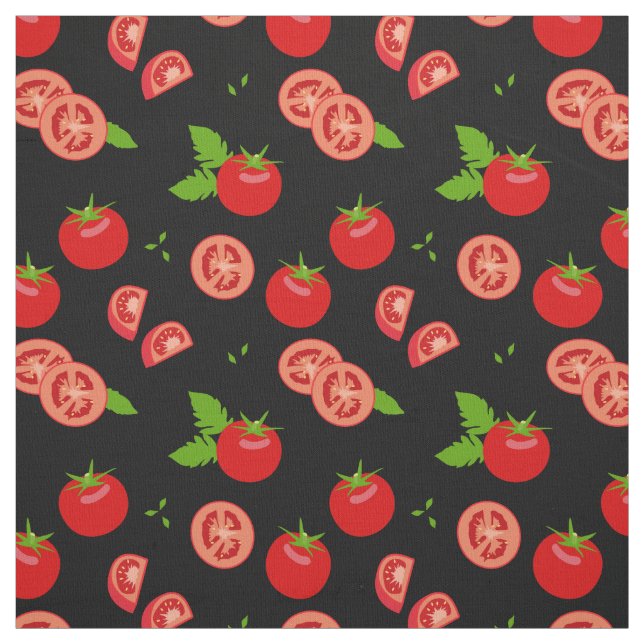 Tomatoes and Tomato Slices Pattern on Black Fabric (Swatch)