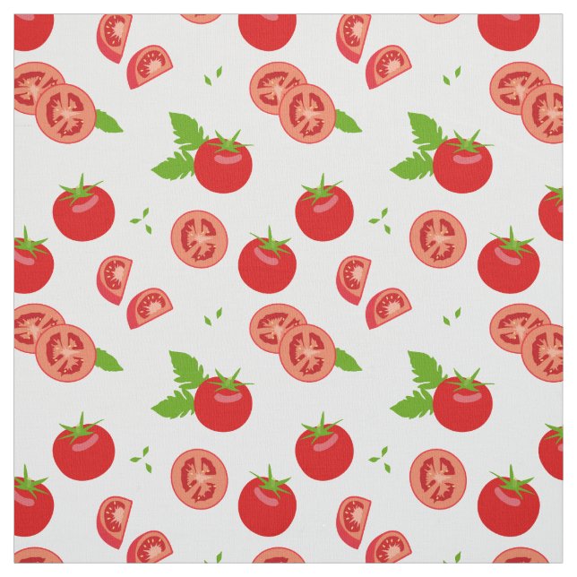 Tomatoes and Tomato Slices Pattern on White Fabric (Swatch)