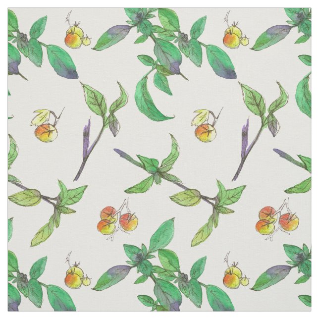 Tomatoes Basil Herbs Watercolor Fabric (Swatch)