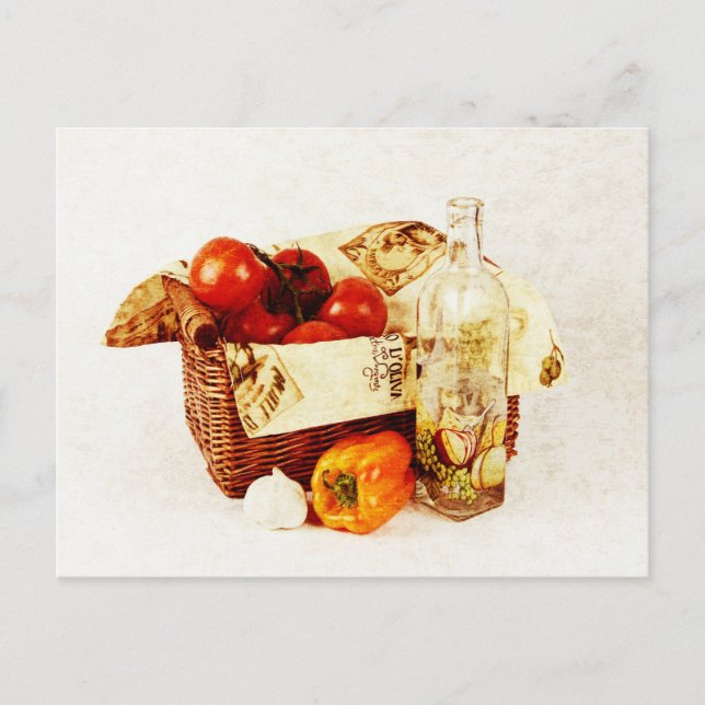 Tomatoes in a basket and olive oil postcard (Front)