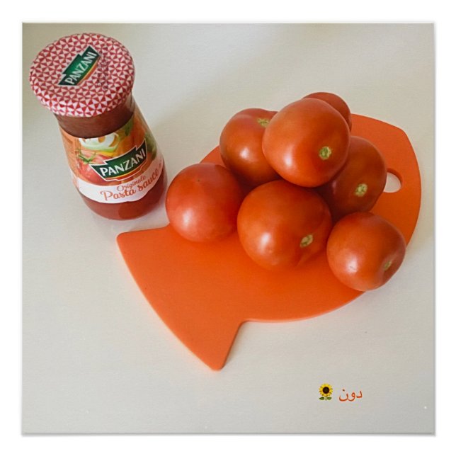 TOMATOES ON AN ORANGE CUTTING BOARD POSTER (Front)