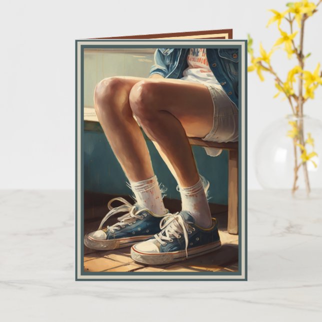 "Tomboy" w/ ragged jean shorts and tennis shoes Card (Yellow Flower)
