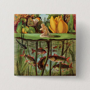 Tommelise very desolate on the water lily leaf, in 15 cm square badge