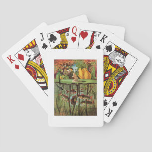 Tommelise very desolate on the water lily leaf, in playing cards