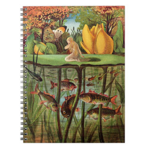 Tommelise very desolate on the water lily leaf, in spiral notebook