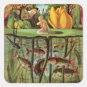 Tommelise very desolate on the water lily leaf, in square sticker