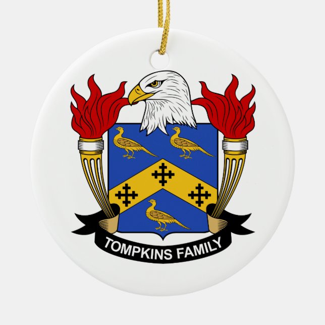 Tompkins Family Crest Ceramic Tree Decoration (Front)