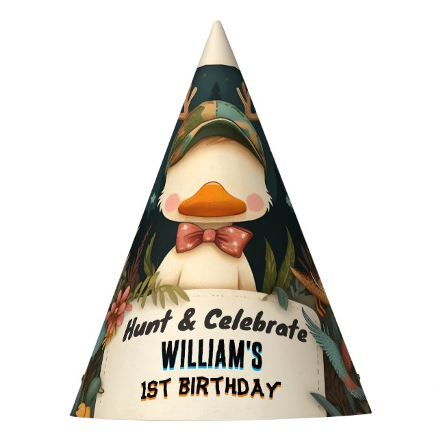 Tone Wild Camo Oh Deer Duck hunting 1st birthday Party Hat (Front)