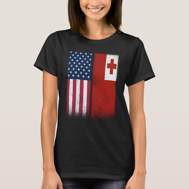 Tonga Tongan American Flags Proud USA Tonga T-Shirt (Front)