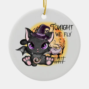Tonight We Fly – Black Witch Cat Ceramic Tree Decoration