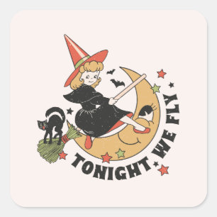 Tonight We Fly – Cute Witch and Black Cat Square Sticker