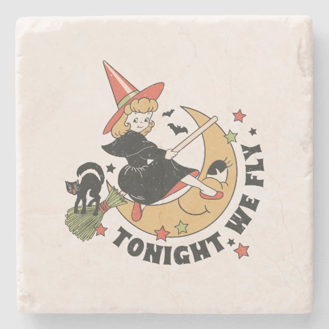 Tonight We Fly – Cute Witch and Black Cat Stone Coaster (Front)