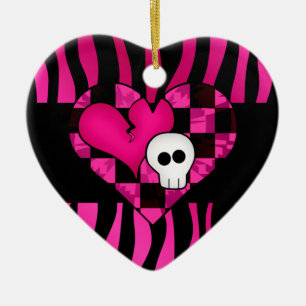 Too cute goth punk zebra heart fuschia black skull ceramic tree decoration