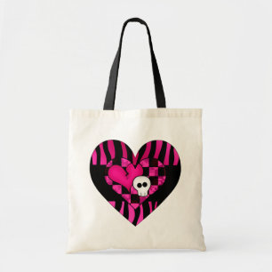 Too cute goth punk zebra heart fuschia black skull tote bag
