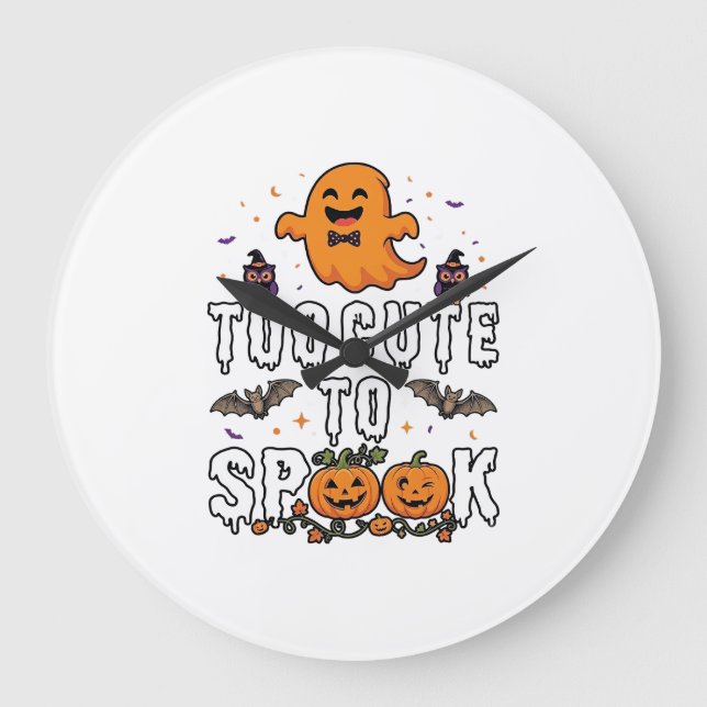 Too Cute Spook Halloween Orange Ghost Pumpkins Bat Large Clock (Front)