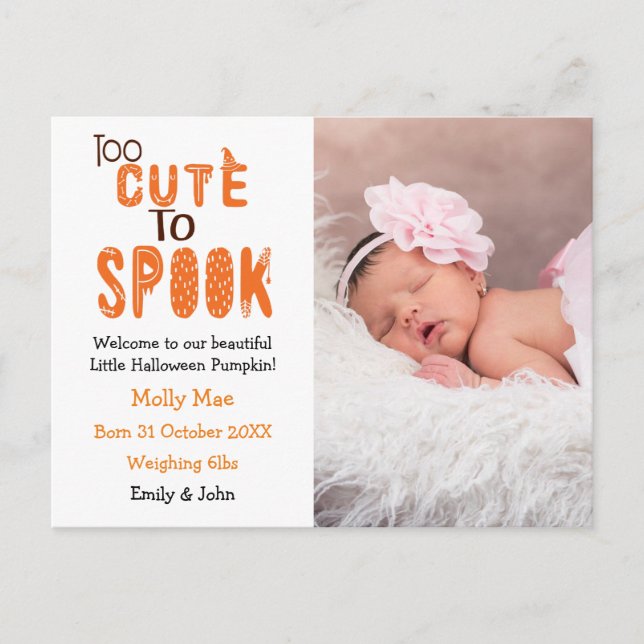 Too Cute To Spook Halloween Photo Baby Birth Announcement Postcard (Front)